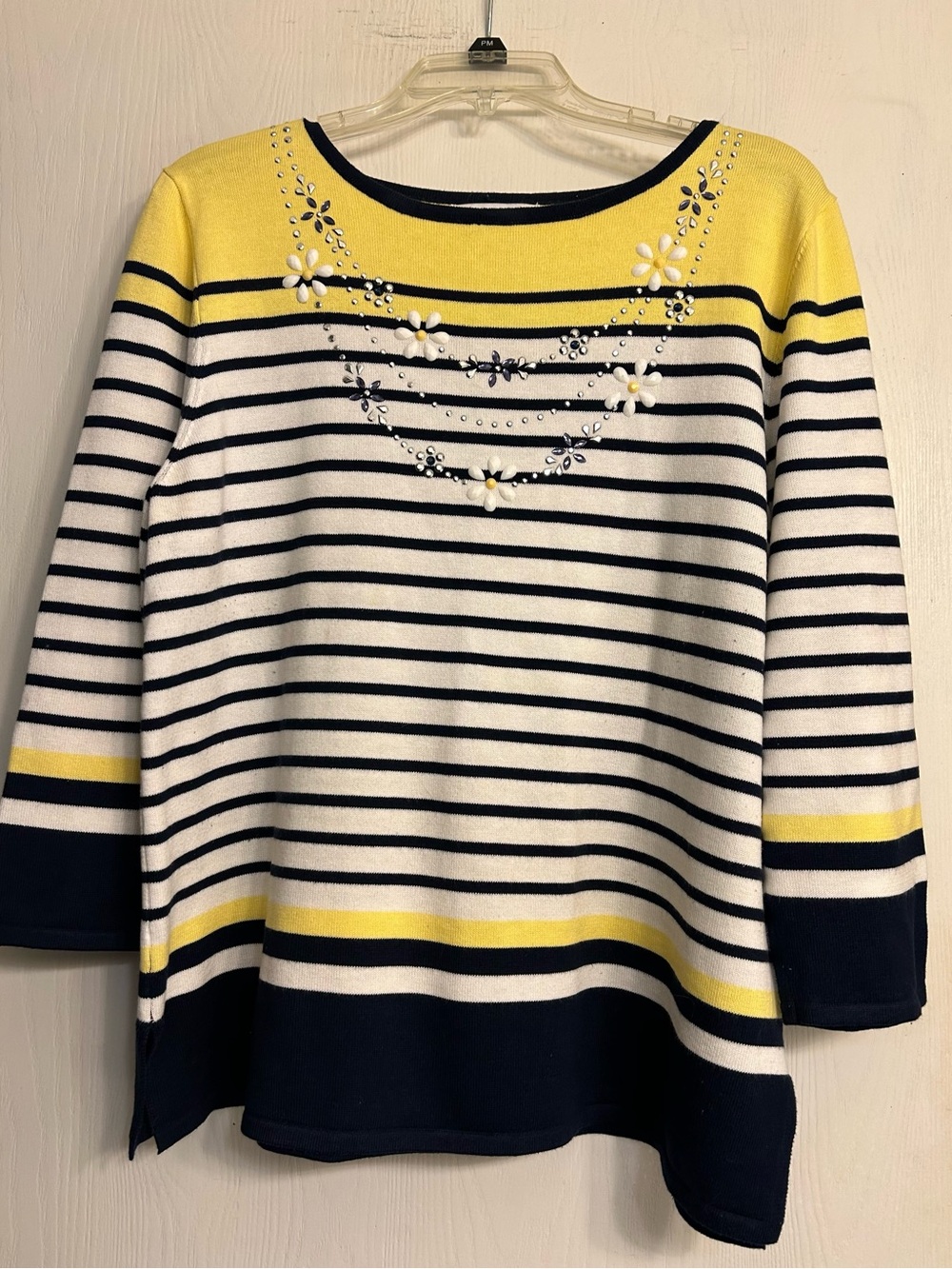 Alfred Dunner Classic Striped Boatneck Ladies Sweater Floral Embellishments Sz M
